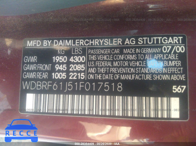 2001 MERCEDES-BENZ C-CLASS WDBRF61J51F017518 image 8
