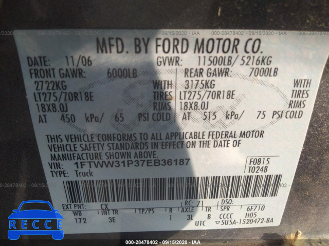 2007 FORD SUPER DUTY F-350 SRW XL/XLT/LARIAT 1FTWW31P37EB36187 image 8