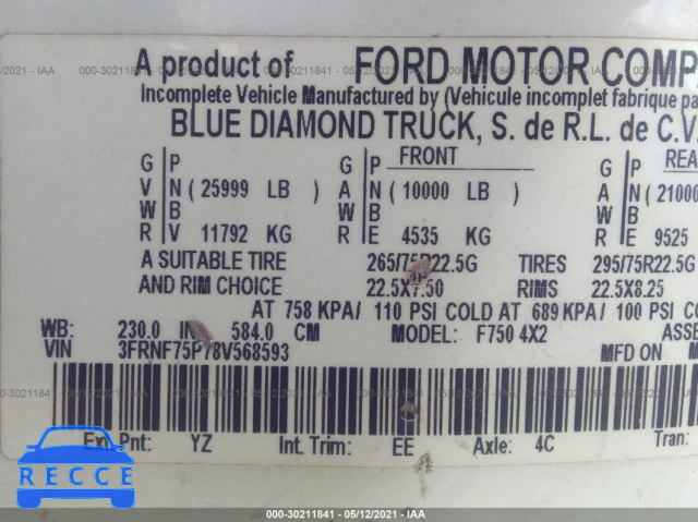 2008 FORD SUPER DUTY F-750 XL/XLT 3FRNF75P78V568593 image 8