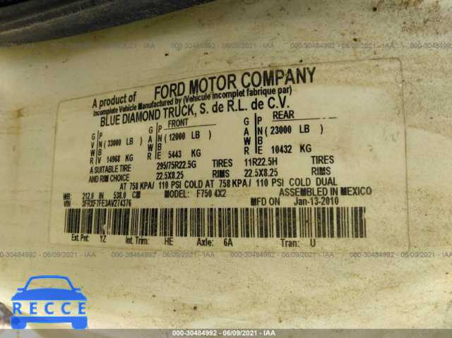 2010 FORD SUPER DUTY F-750 XL/XLT 3FRXF7FE3AV274376 Bild 8