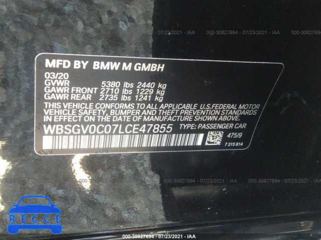 2020 BMW M8 COMPETITION WBSGV0C07LCE47855 зображення 8