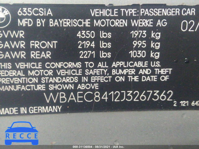 1988 BMW 635 CSI AUTOMATICATIC WBAEC8412J3267362 image 8