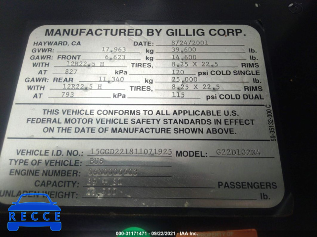 2001 GILLIG TRANSIT BUS LOW 15GGD221811071925 image 8