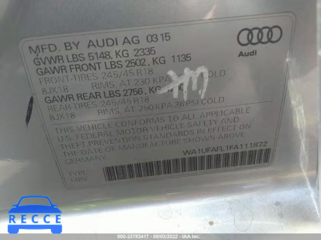 2015 AUDI ALLROAD PREMIUM PLUS WA1UFAFL1FA111872 image 8