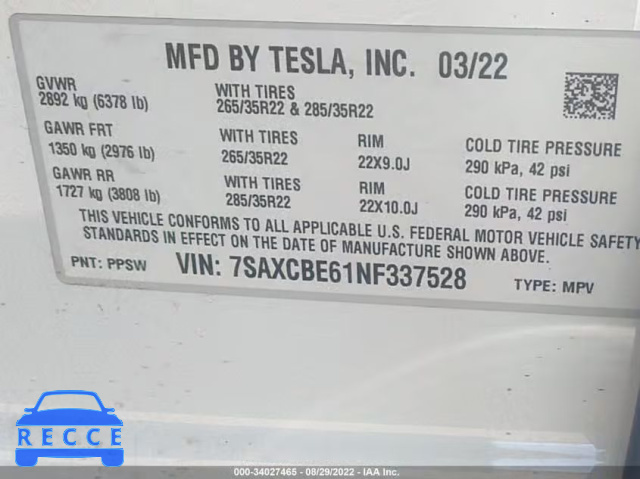 2022 TESLA MODEL X PLAID 7SAXCBE61NF337528 зображення 8