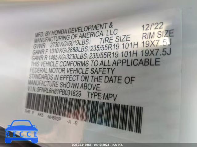 2023 HONDA ODYSSEY TOURING 5FNRL6H81PB031829 image 8