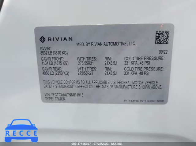 2022 RIVIAN R1T ADVENTURE PACKAGE 7FCTGAAA7NN011913 зображення 8