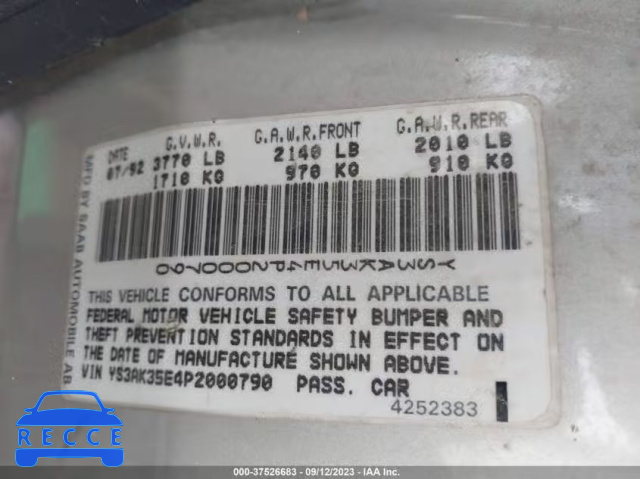 1993 SAAB 900 S YS3AK35E4P2000790 image 8