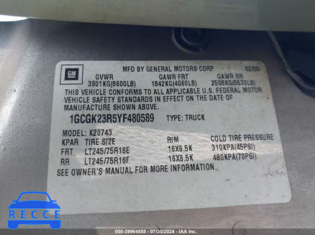 2000 CHEVROLET K2500 1GCGK23R5YF480589 image 8