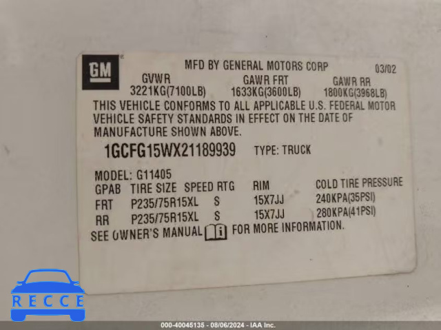 2002 CHEVROLET EXPRESS 1GCFG15WX21189939 image 8
